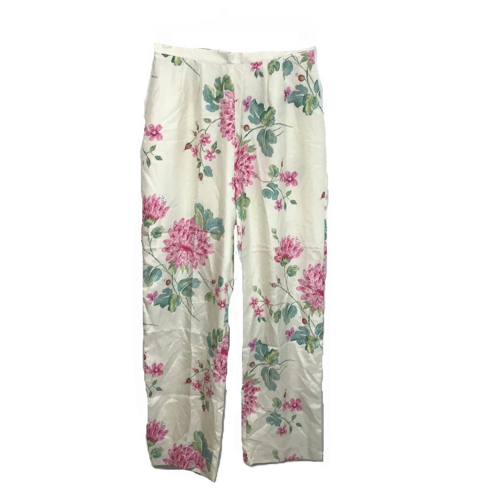 Vintage 90s Y2K Pleated High Waist Floral Pants, Ivory Pink ,Dressbarn, Size 10